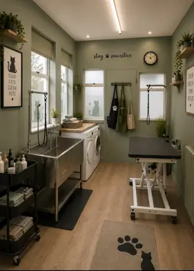 The calm, sage green House4paws grooming room in Watford