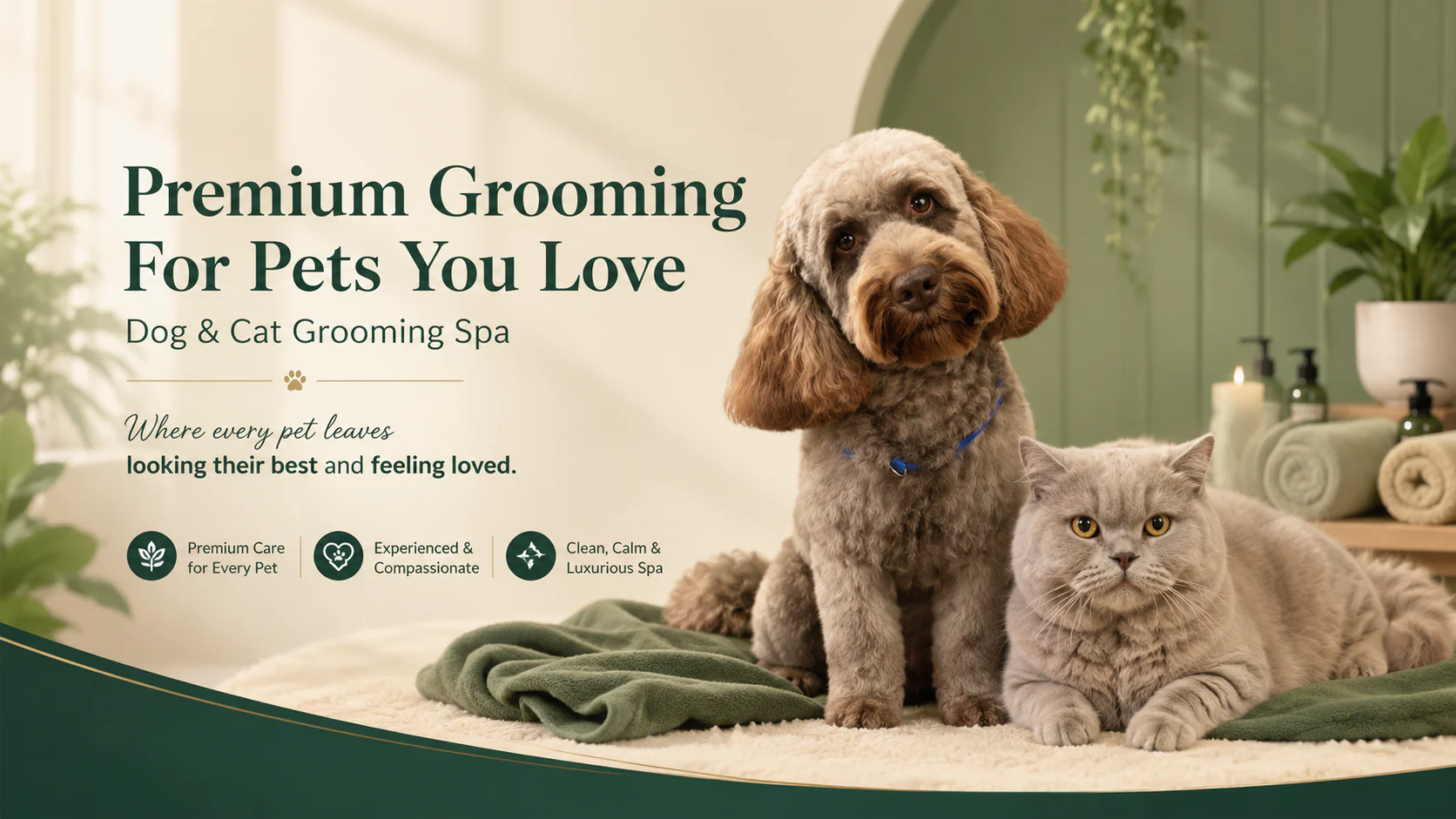 House4paws premium dog and cat grooming spa in Watford: a freshly groomed cockapoo and a grey British Shorthair cat relaxing in the calm, plant-filled salon, where every pet leaves looking their best and feeling loved.
